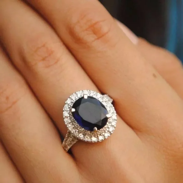 Blue Sapphire 925 Silver Plated Ladies Ring - Elegant Sterling Silver Jewelry in hand