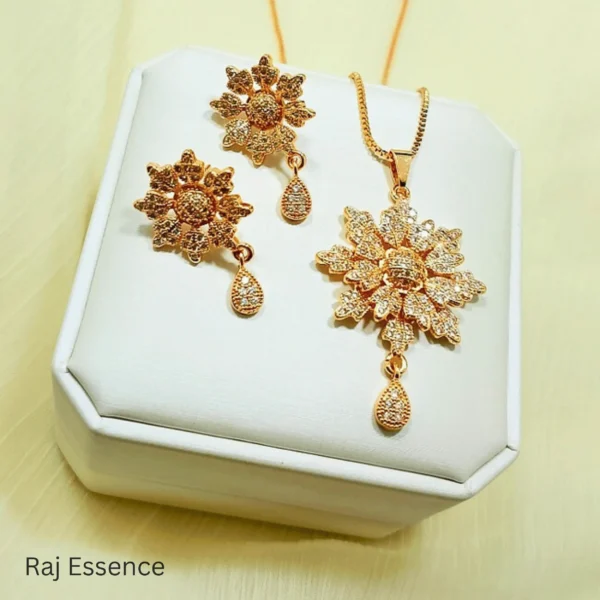 Stylish Zircon Flower Locket Set with Earrings-2